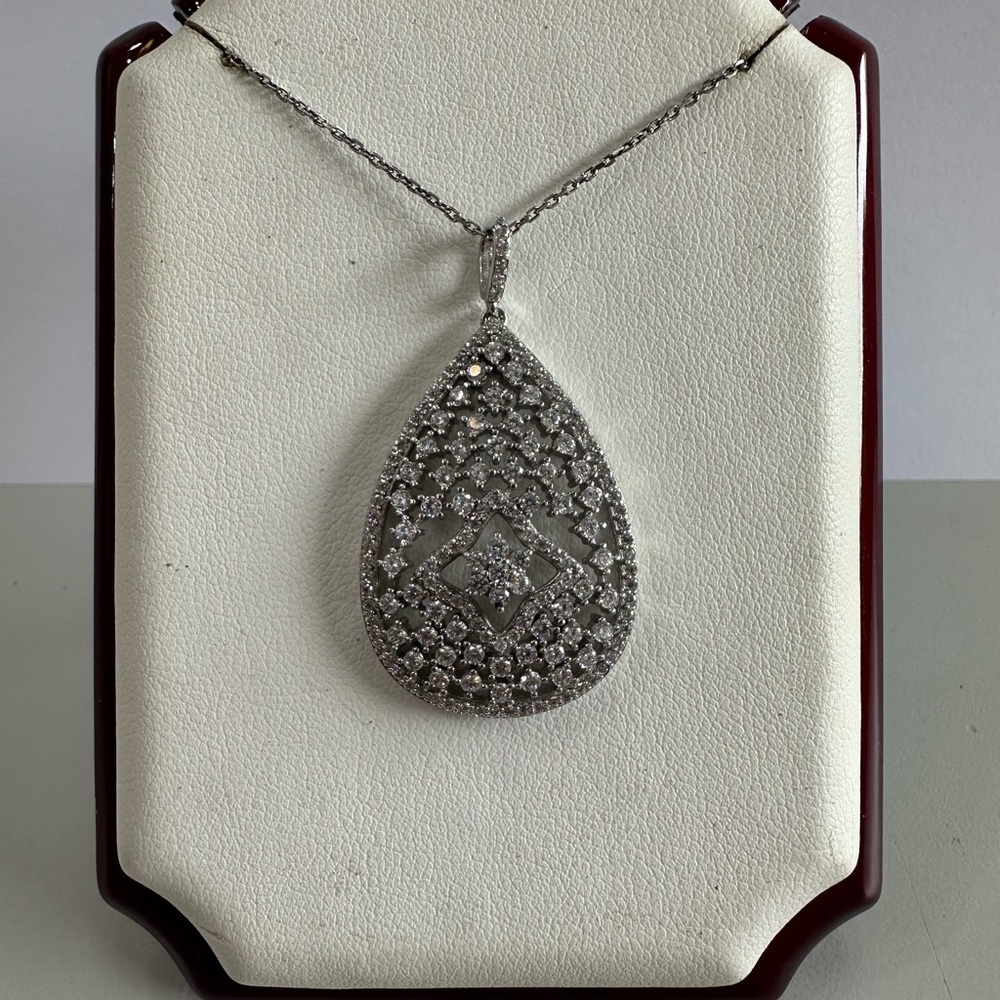 Sterling Silver Teardrop Pave Diamond Pendant Necklace - White
